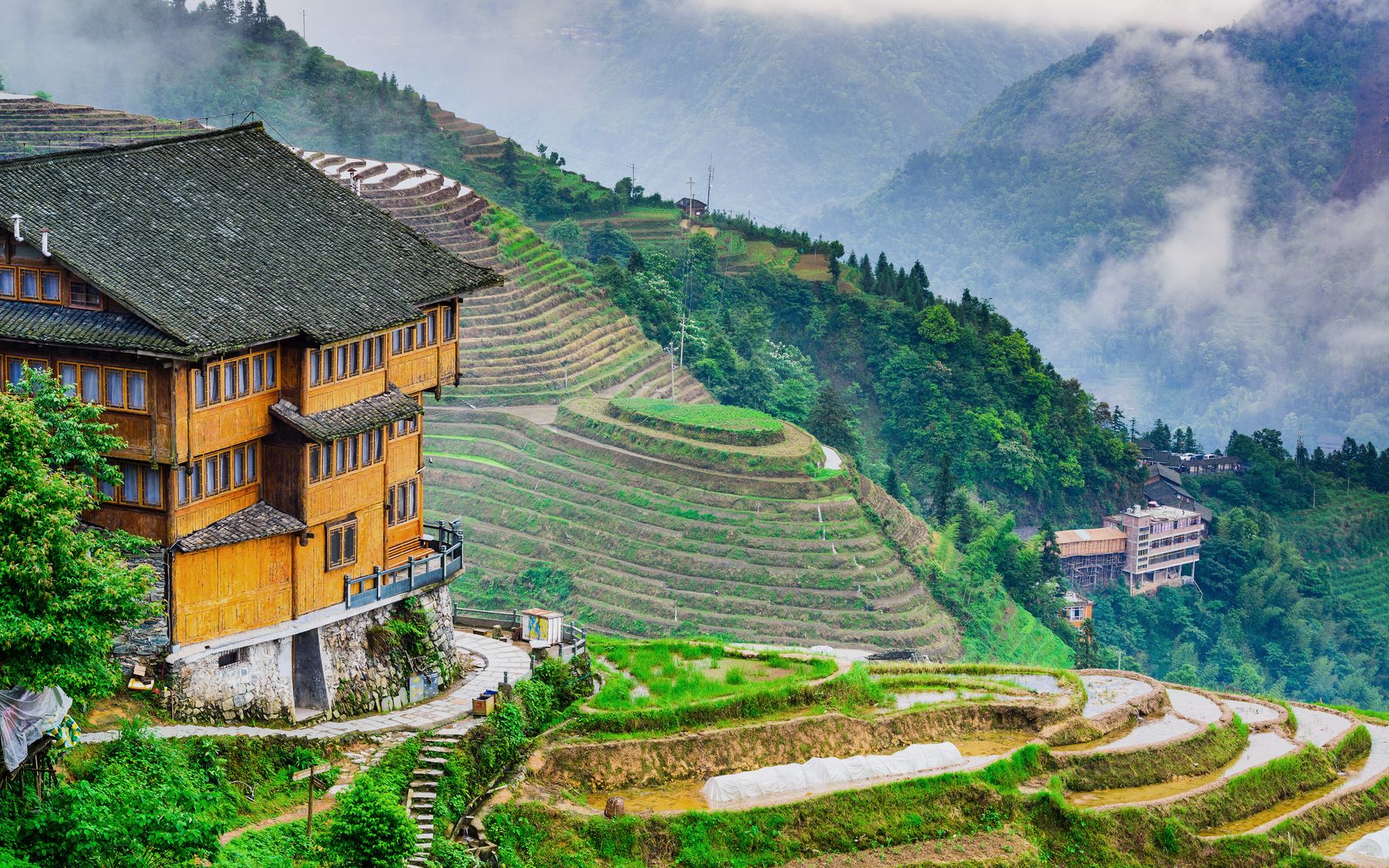 A wooden village house on a terraced mountainside in mist.